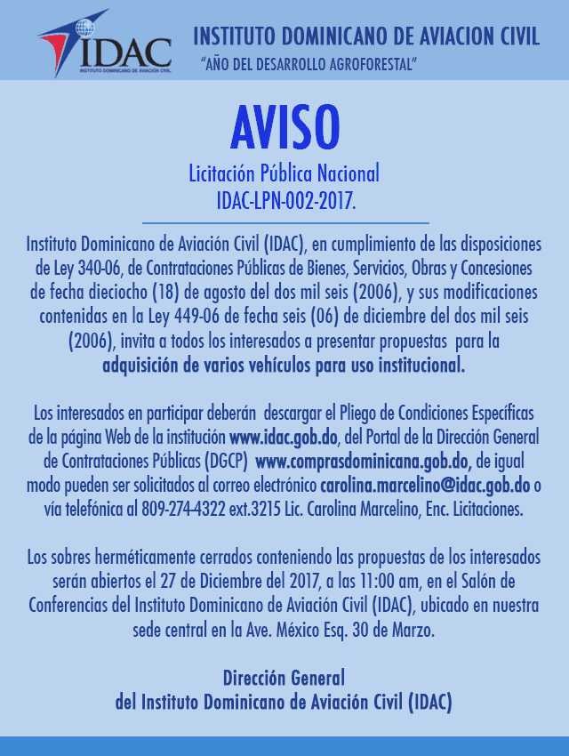 Aviso: Licitación Pública Nacional IDAC-LPN-002-2017