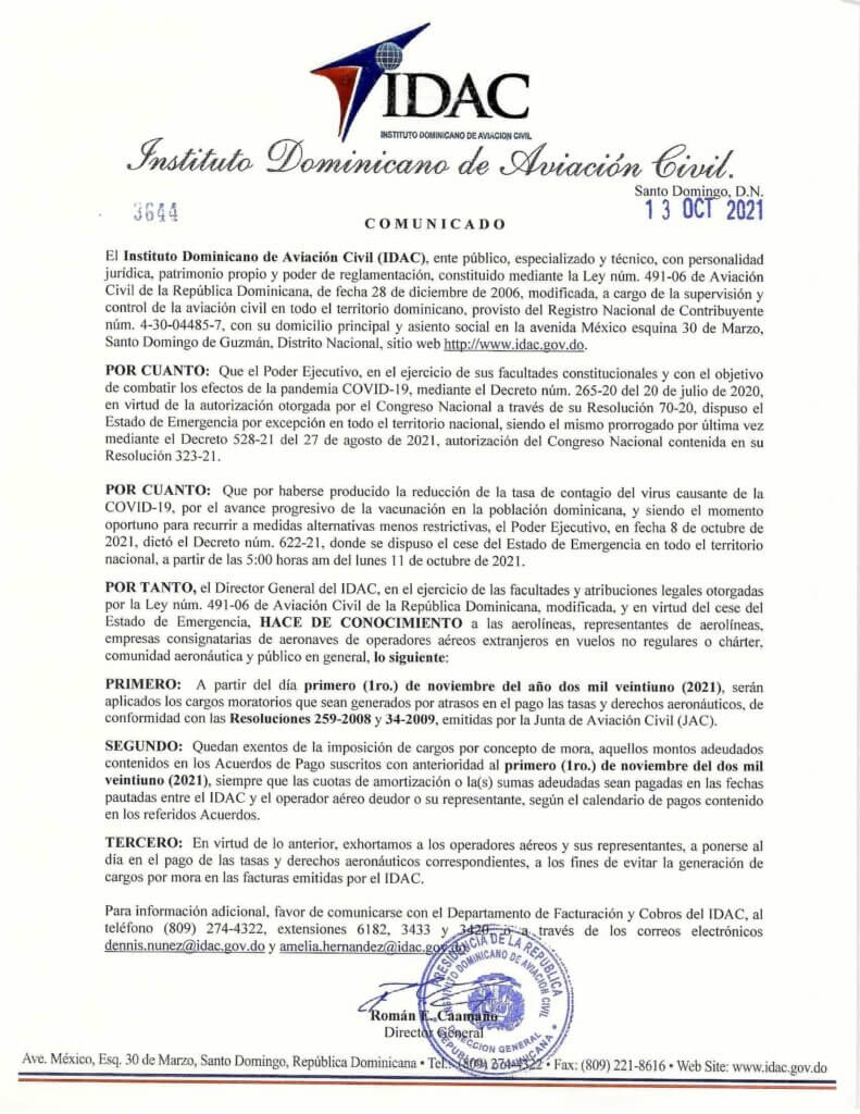 Comunicado del Director General del IDAC, del 13 de octubre de 2021, relativo al pago de las tasas y derechos aeronáuticos