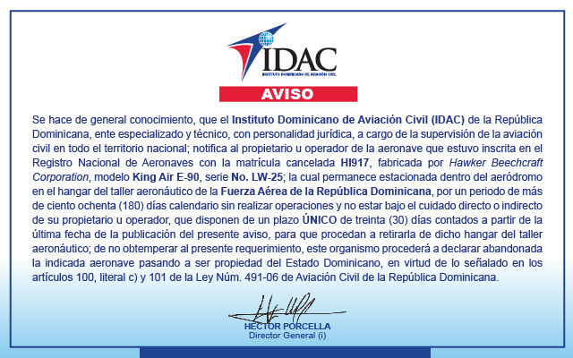 Aviso a propietario de aeronave abandonada